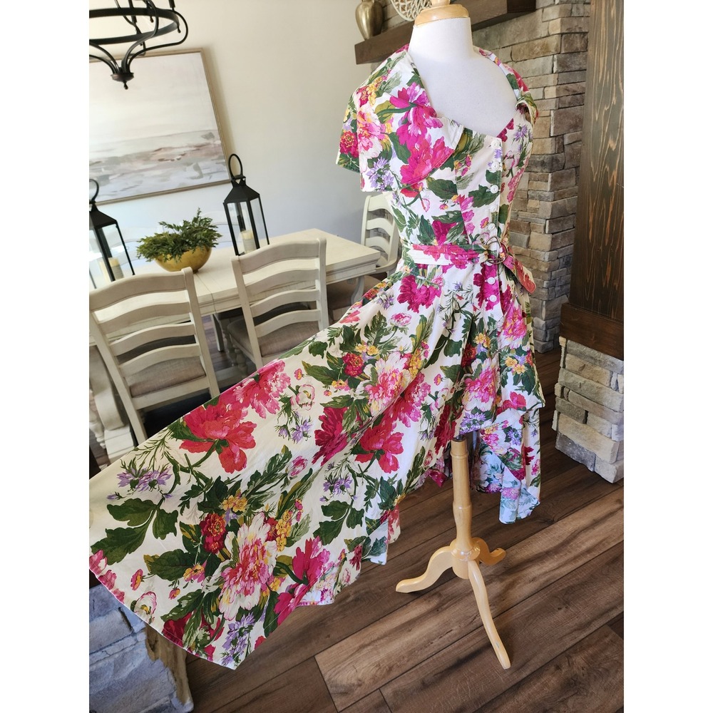 Vintage Rhonda Harness Foxy Lady Cotton Floral Dress Open Back Fit Flare‎ Midi